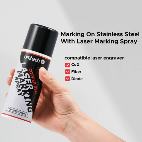 Hand holding 8oz Red Laser Marking Spray For CO2 And Fiber Lasers 8oz High Contrast Permanent Marks On Bare Stainless Steel