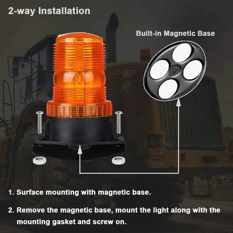 Amber LED strobe beacon with magnetic base for 12V–24V forklifts, golf carts, UTVs, and trucks