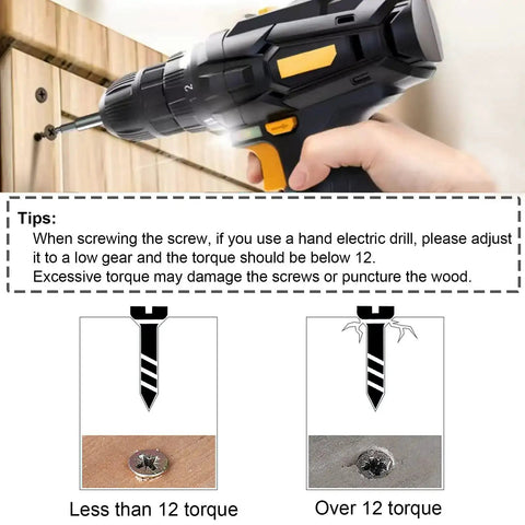 Guide on using a drill with DIY Wood Screws Assortment Kit, showing correct torque for self-tapping screws with tips for avoiding damage.