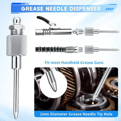 Grease gun fittings kit, 6pc with 90-degree adapter sleevers, needle dispenser, 2 needle tips, 12in hose, Zerk cleaner