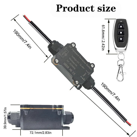 Forward And Reverse Wireless DC Motor Remote Control Switch For 12V To 48V Systems Waterproof IP67 8A with dimensions and buttons