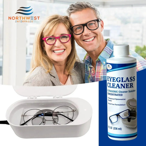 Eyeglasses Ultrasonic Cleaning Solution Concentrated For Sonic Machines 32oz bottle with eyeglasses in ultrasonic cleaner