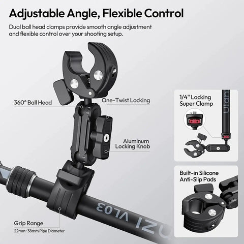 Close-up of Invisible Quick Release Selfie Stick Motorcycle Mount Kit With 40 Inch Adjustable Extension Pole And Dual Head Clamp