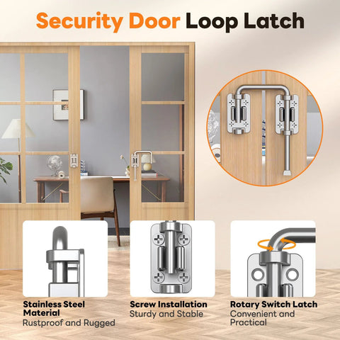 Close-up of installed stainless steel security door loop latch on sliding doors with screw installation and rotary switch.