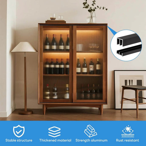 Cabinet with metal sliding door track kit for 1/4-inch glass panels, 48-inch black track system for smooth quiet glide