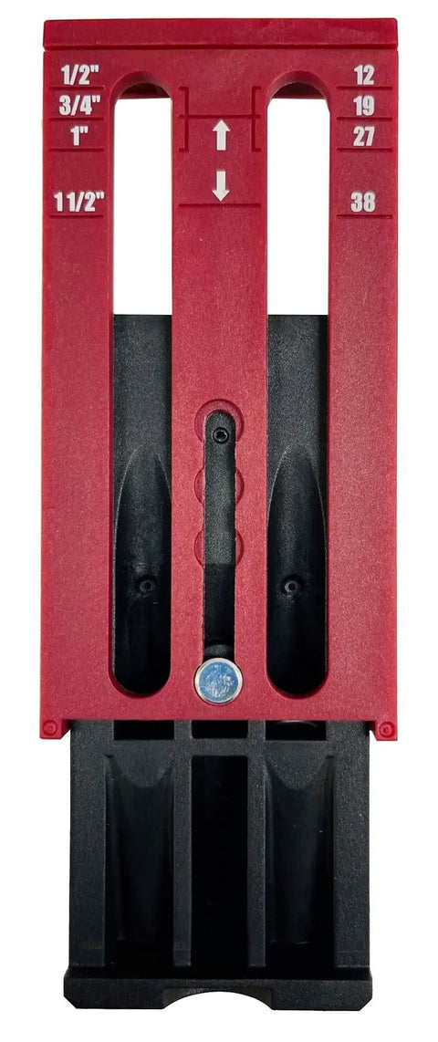 Twin Pocket Hole Jig Kit System 200 with built-in imperial and metric scales for woodworking projects, front view.