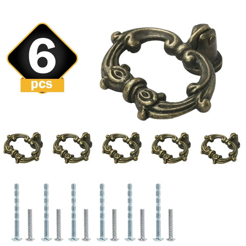 Six Bronze Oval Drop Ring Drawer Pulls Set With Mounting Hardware For Dresser Cabinets And Cupboards, vintage style shown with screws