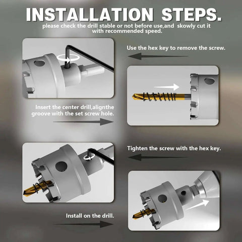 Installation steps for Heavy Duty Carbide Hole Saw Kit For Metal With Titanium Pilot And L Wrenches By METOTY 19 Piece Set