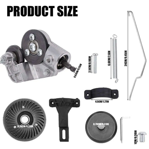 Dimensions and parts of Heavy Duty Drill Nibbler Sheet Metal Cutter Kit For Electric Drills with components like springs, bolts, and adapters.