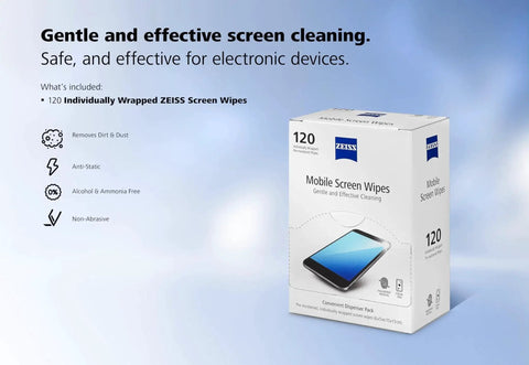 Box of 120 ZEISS Pre-Moistened Screen Wipes for phones, tablets, and laptops, placed against a blue background with features listed on the side.