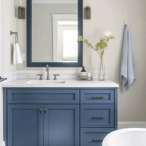 Blue bathroom vanity with Weathered Nickel Cabinet Pulls, 5 Inch Length, 128mm Screw Spacing, knurled textured modern hardware.