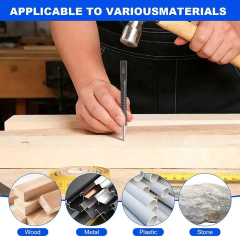 Person using Pro Grade 4 Piece Center Punch Set Hardened Steel Punches for metalworking and woodworking on wood surface.
