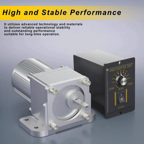 Compact 6W 110V Reversible AC Motor With Gearbox Reduction 7500 To 1, shown with speed controller and bracket kit for packaging applications.