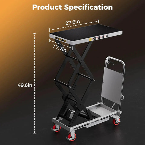 Hydraulic Lift Table Cart 330 Lbs Capacity 49.6 Inch Lift With Non Slip Pad, black platform, steel frame, dimension details