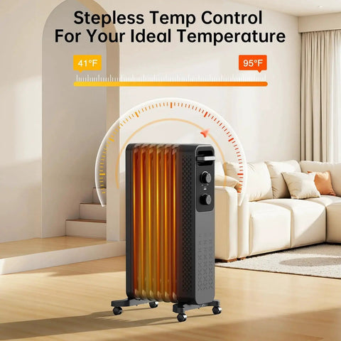 Efficient 1500W Oil Filled Radiator Heater With Rapid Whole Room Warmth 7 Turned Edge Fins Energy Saving Electric Space Heater 3 Heat Settings Tip Over And Overheat Protection Portable Wheeled Heater For Home Office Indoor Use Black in living room.