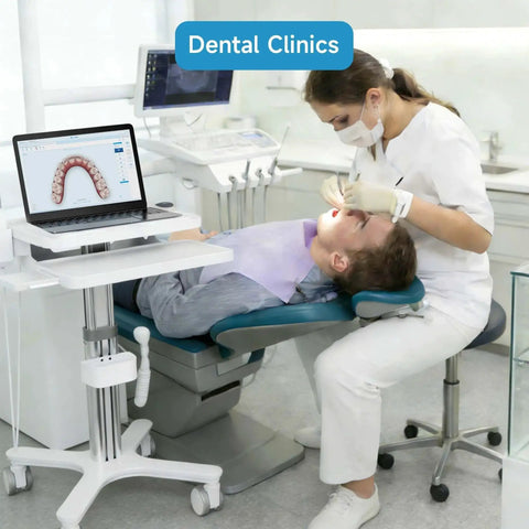 Dental clinic trolley cart with laptop tray and oral scanner holder, silver aluminum frame