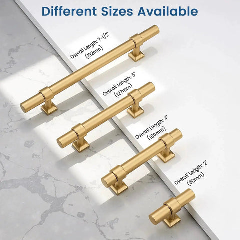 10 Pack 3 Inch Cabinet Pulls in Champagne Gold for Kitchen Cabinets, showing different sizes on a marble surface.