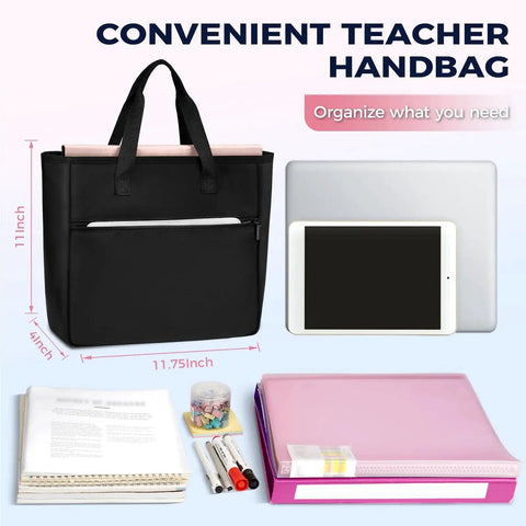 Convenient teacher handbag with compartment for tablet or documents, featuring pockets for organization and storage essentials.