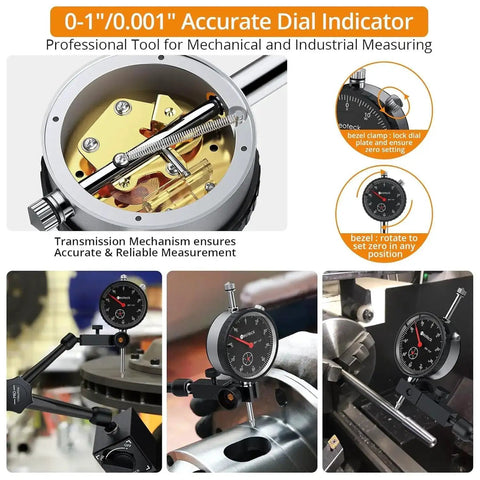 Pro Grade 0-1 Inch And 0.001 Inch Dial Indicator Kit With Magnetic Base And Case, precision gauge display with diagrams