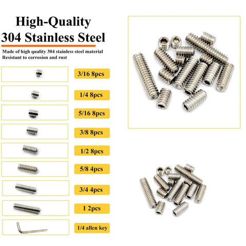 All In One Hex Socket Screws Set 50 Pcs Eight Size Assortment 1/4-20 Thread Cup Point Grub Screws 304 Stainless Steel With 1/4 Inch Allen Keys