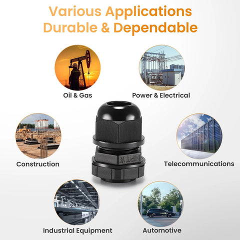 QILIPSU nylon cable gland, 12pcs, 1/2in NPT, waterproof IP68, cord grip pass-through, black