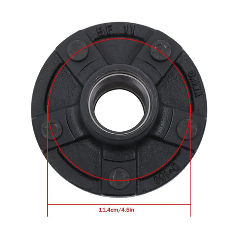 Trailer Hub Kit With 5 On 4 Point 5 Inch Bolt Pattern And 1 Inch BT8 Round Spindle L44643 Bearings Grease Seal Lug Nuts And Cotter Pin For 2000 Lb Axles Heavy Duty Trailer Bearing Kit shown in a front view image.