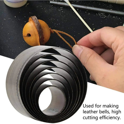 Leather Hole Punch Die Set 7 Piece Round Cutter Kit with 20mm to 50mm hollow cutters for DIY leather craft shown in use