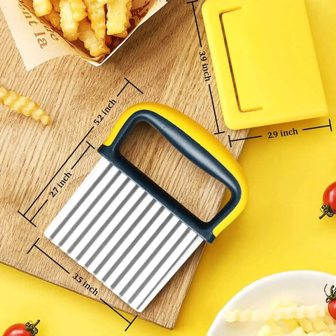 Two Pack Wavy Crinkle Cutter Knife For Veggies And Fruits Stainless Steel Chopper Tool With Safe Grip on a wooden board