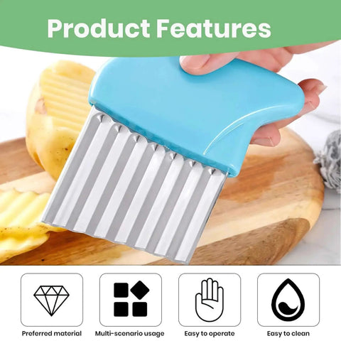 Two Pack Stainless Steel Crinkle Cutter Set For Veggies And Butter, Wavy Cutter with Sky Blue Handle, shown crinkle-cutting potato.