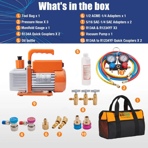 BACOENG R32 AC vacuum pump and gauge set with orange pump, three pressure hoses, manifold gauge, oil bottle, adapters, quick couplers, and tool bag