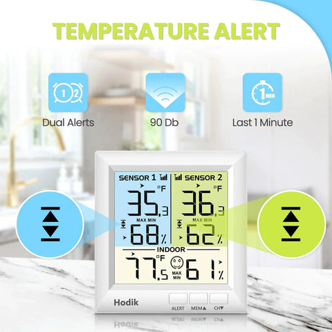 Wireless Freezer And Refrigerator Thermometer With Alarm Digital Fridge Freezer Temperature Monitor in kitchen setting