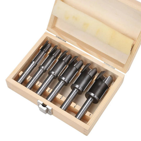 Industrial Deep Plug Cutter Set For Woodworking Six Piece Three Eighths Inch To One Inch Round Shank High Speed Carbon Steel Deep Cut Plug Bits