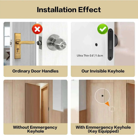 Comparison of ordinary door handles vs Two Pack Invisible Minimalist Door Lock With A Single Sided Black Round Handle Hidden Design