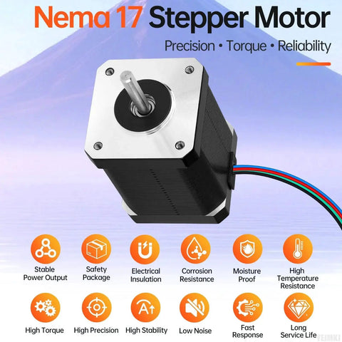Nema 17 stepper motor with high torque, shown with features like stability and precision, used for 3D printers and CNCs.