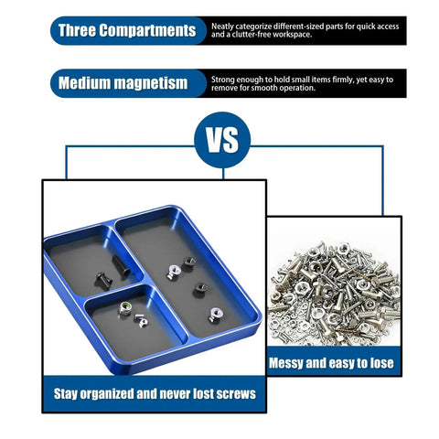 Magnetic Screw Organizer Tray for RC Models, Electronics and Phone Repair with three compartments vs scattered small parts