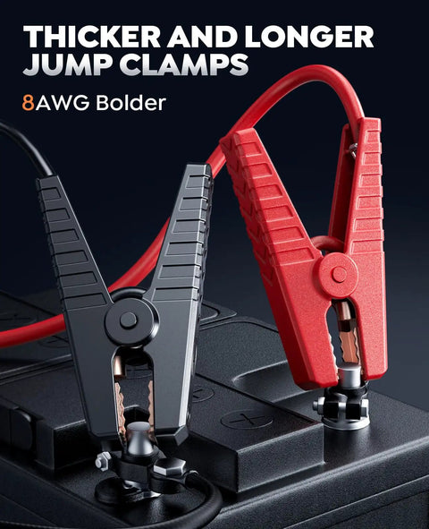 Thicker and longer jump clamps for All In One 6000A Jump Starter Booster Pack with 26800mAh Power Bank, 8AWG.