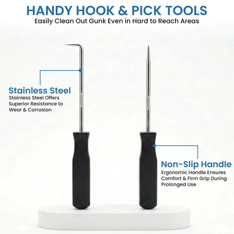Hook and pick tools with ergonomic non-slip handles and stainless steel tips from All In One Pro Grade Ring Pliers Set 10 Piece Kit.