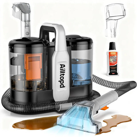 Powerful 15KPa Portable Carpet And Upholstery Cleaner From Ailltopd With Deep Stain Removal For Sofa Couch Car Seat Pet Accidents Two Brush Heads And Cleaning Solution Included. Close-up of the cleaner with brush and cleaning solution.