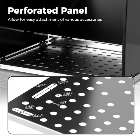 Perforated panel showing fixture holes on Folding Welding Table With Carry Handle Pro Grade Build, 17 By 20 Inch Portable Galvanized Metal Work Table.