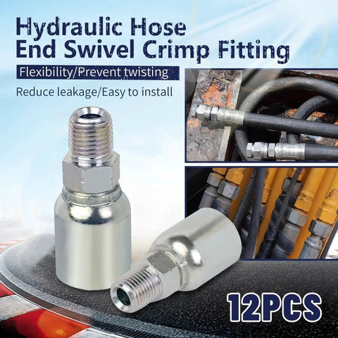 12 Pack Hydraulic Hose Fittings 1/4 Inch I.D. To 1/4 Inch NPTF Male Crimp Ends, Pro Grade Heavy Duty Coated Steel, Installed View