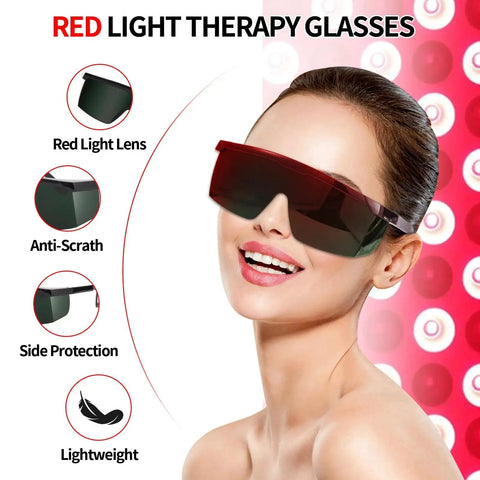 Woman wearing red light therapy glasses with side protection in front of red patterned background.