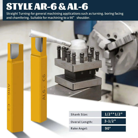 Two carbide tip cutter tools "AR6-C2" and "AL6-C6" next to a metal lathe setup, showcasing turning and chamfering use.