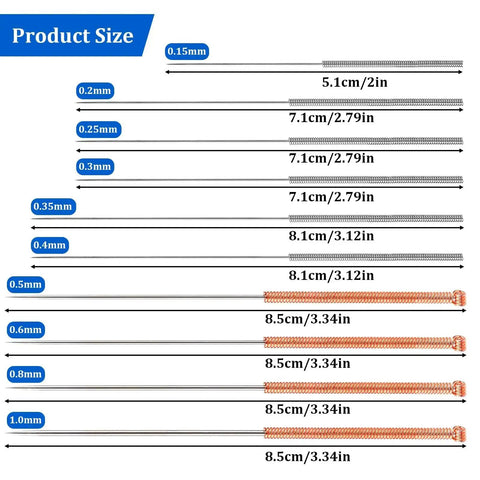 Size chart for Ten Piece Stainless Steel 3D Printer Nozzle Cleaning Kit With Precision Needles From 0.15 To 1.0mm.