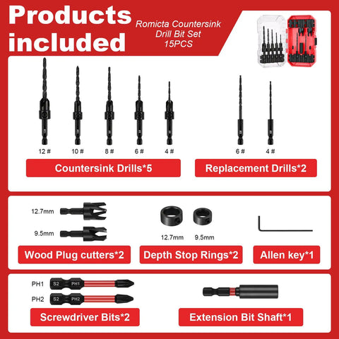 Woodworking Countersink Drill Bit Set 15 Piece Kit With M2 Cobalt HSS Tapered Bits Quick Change Quarter Inch Hex Depth Stop