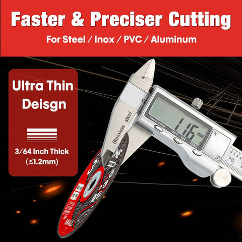 Ultra Thin Three Inch Cut Off Wheels Set Of Twenty Five With Pouch For Angle Grinder And Cut Off Tools Fast Cutting Disc For INOX Steel Iron Non Ferrous Metal And PVC Three By Three Eighths By Three Sixty Fourth Inch; caliper measuring wheel thickness 3/64 inch.