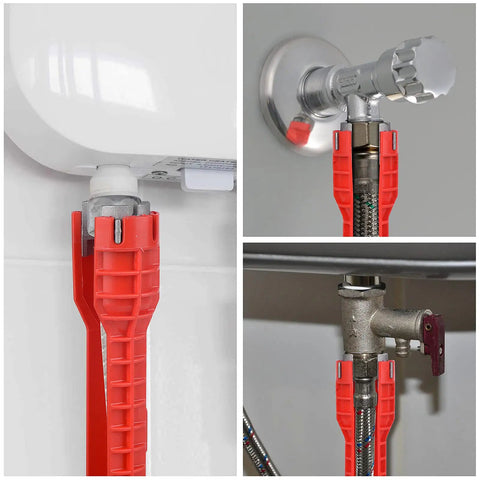 All In One 14 In 1 Sink Wrench Kit For Toilet Faucet And Kitchen Plumbing Installations And Repairs shown in use on pipes and valves