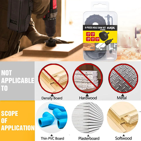 Image of 8 Piece Hole Saw Kit With Case 1 To Two And One Eighth Inches Includes Five Saw Blades Mandrel Two Drill Bits And Hex Key For Soft Wood PVC Plywood Ideal For DIY Projects And Home Improvement Tasks Cutting Soft Wood PVC Board And Plywood With A Durable, showing usage on wood.