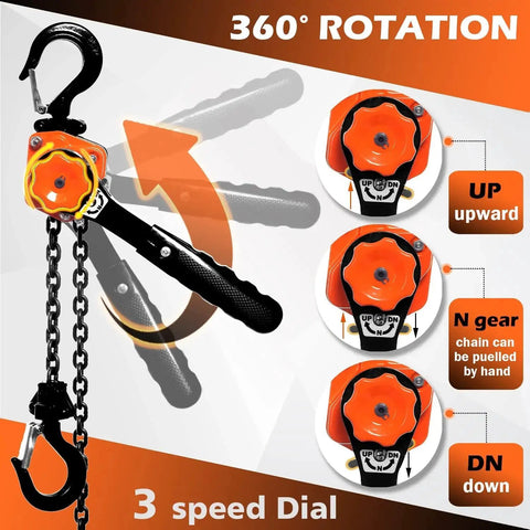 YATOINTO mini lever chain hoist, 1/2 ton, 10 ft chain, orange/black steel construction, two hooks