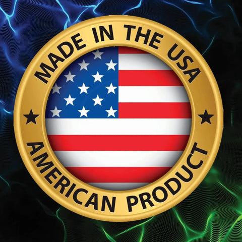 Circular emblem with 'Made in the USA' and 'American Product' text, featuring the American flag, black and blue abstract background.