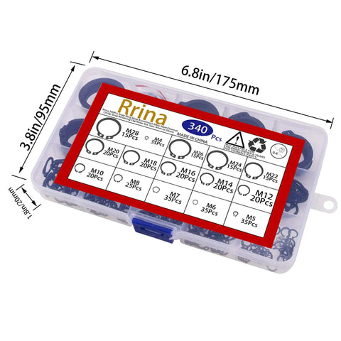 340Pcs Snap Ring Kit External Circlip Retaining Clip Rings Set Alloy Steel 65Mn 15 Sizes From 4mm To 28mm in plastic case